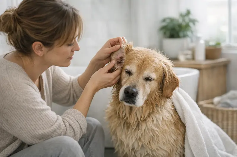 Empfindliche Hundeohr nach dem Baden Ein Hund mit nassen Ohren nach dem Baden, der sich schüttelt