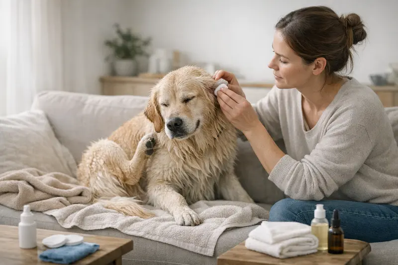 Hautprobleme nach dem Hundebad Nach dem Baden aufgetretene Hautreizungen bei einem Hund.