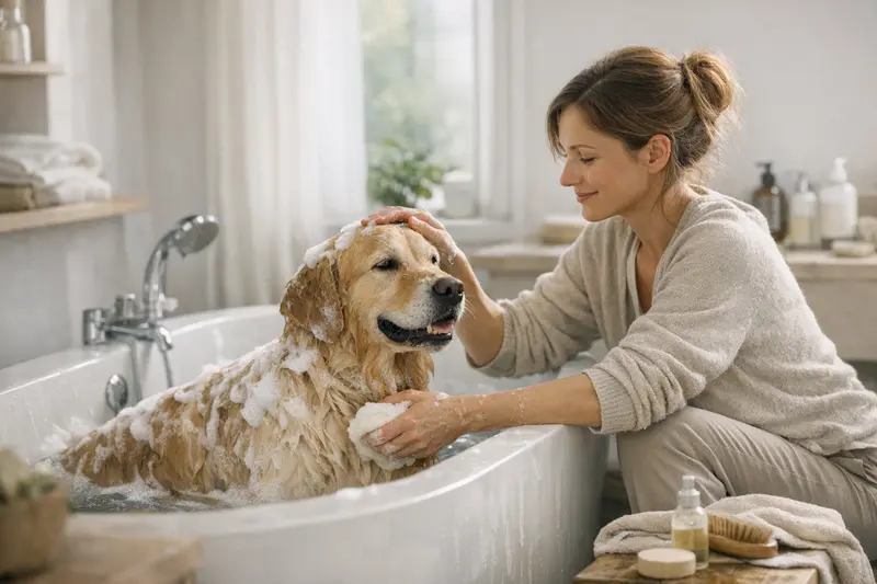Hundebad - Pflege für die Haut Ein Hund wird vorsichtig in einer Badewanne gebadet, um seine Gesundheit zu erhalten.