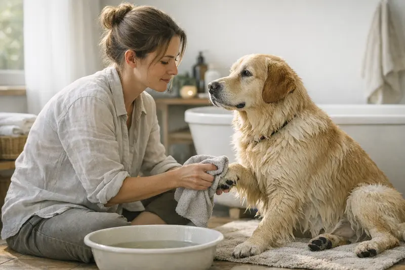 Hunde bändigen beim Baden Ein Hund wird sanft gebadet, um seine Hautgesundheit zu erhalten.