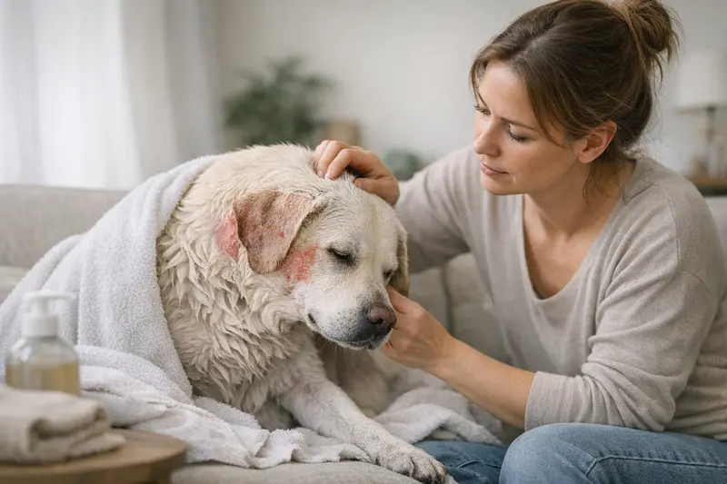 Ein Hund mit Hautproblemen nach dem Baden zeigt Anzeichen von Juckreiz und Rötungen.