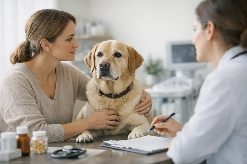 Hund Tierarzt Tarifvergleich Hund beim Tierarzt, der sich einer Behandlung unterzieht und viele Optionen zur Kostenabsicherung prüft.