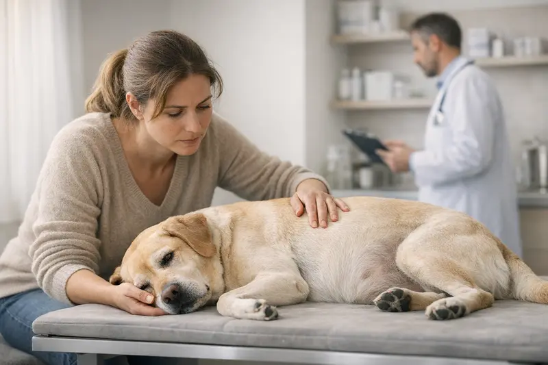 Ein Hund mit Bauchschmerzen, der besorgt auf einem Tierarzt-Tisch liegt.