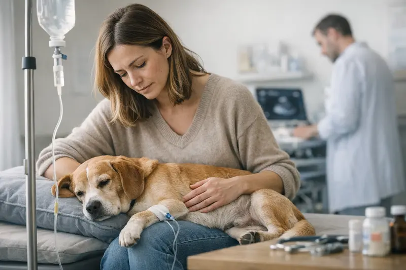 Hund mit Bauchschmerzen beim Tierarzt Ein Hund mit Bauchschmerzen beim Tierarzt, der behandelt wird.