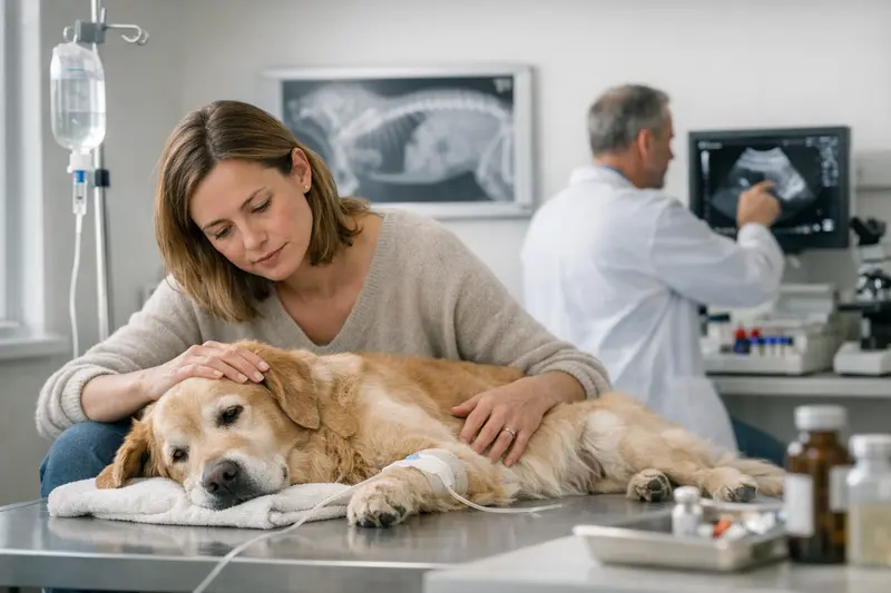 Tierarztkosten bei Hundebauchschmerzen Ein Tierarzt untersucht einen Hund mit Bauchschmerzen, während verschiedene Diagnosetests besprochen werden.