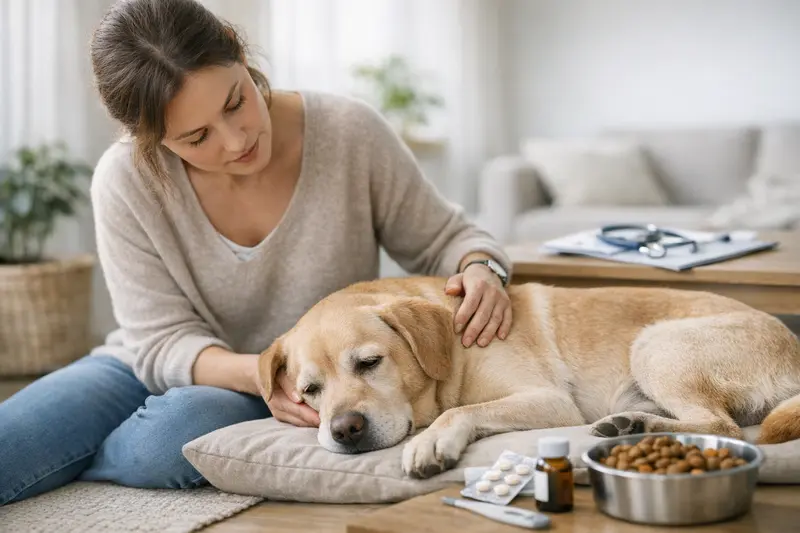 Tierarzt Gesundheitscheck für Hunde Gesunder Hund bei einem tierärztlichen Gesundheitscheck zur Vorbeugung von Bauchproblemen.
