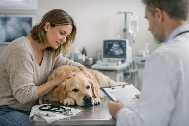 Tierarzt untersucht Hund, um die geeignete Versicherung auszuwählen.
