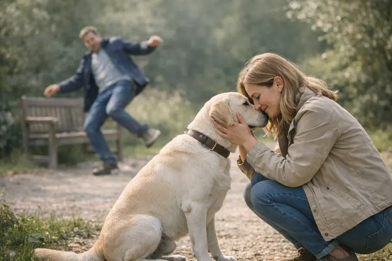 Hundehaftpflicht für ruhige Hunde Ruhiger Hund bei der Begrüßung eines Gastes im Park, der zeigt, dass auch freundliche Hunde in Ausnahmesituationen unerwartet reagieren können.