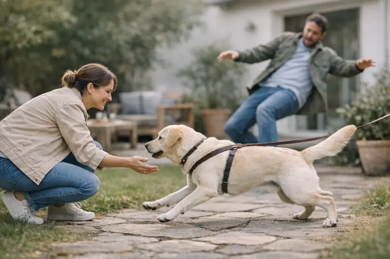 Ruhiger Hund begrüßt freundlich einen Besucher im Park.