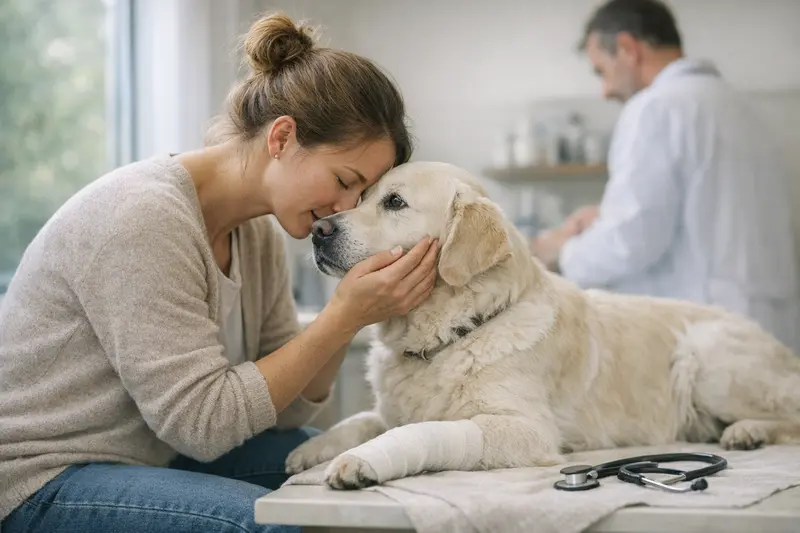 Hunde und Tierarztbesuch Ein Hund wird von seinem Halter zum Tierarzt gebracht, um gesundheitliche Probleme zu klären.