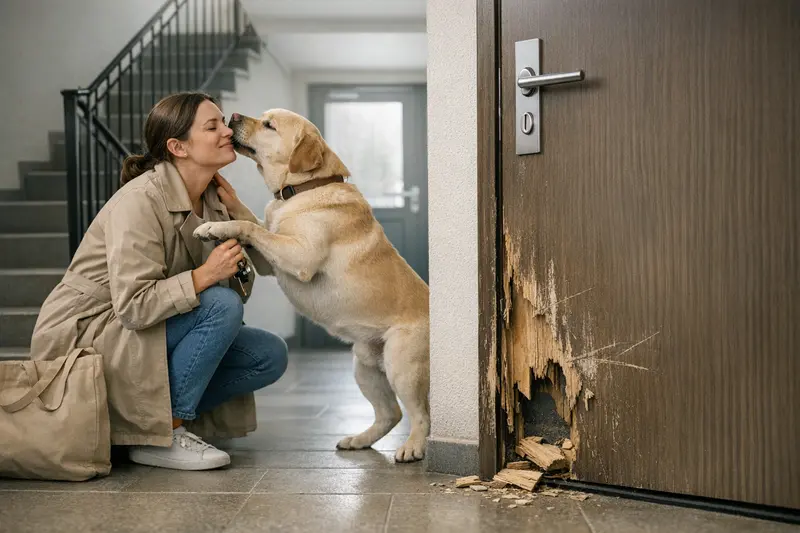 Hundehaftpflichtversicherung Schäden Treppenhaus Hundehalter sitzt auf einer Treppe und schaut besorgt auf seinen Hund, der eventuell Schäden verursachen könnte.