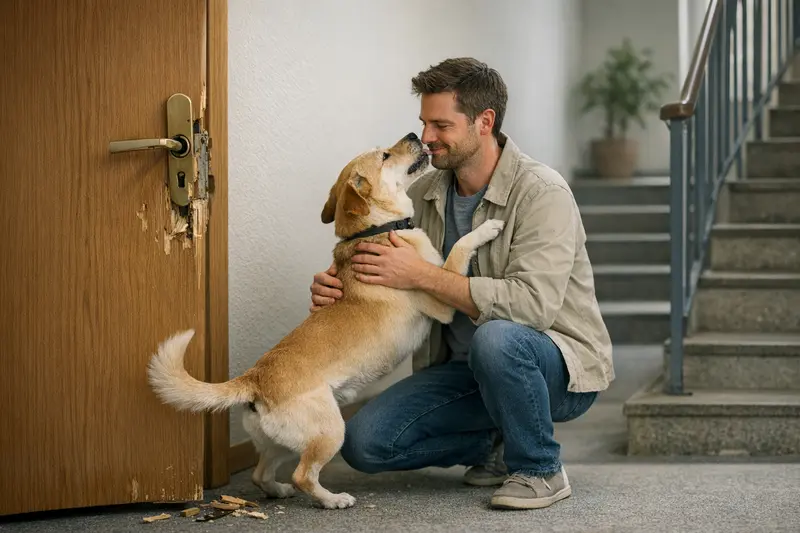 Hundehaftpflicht Treppenhaus Hund im Treppenhaus, eventuell für Versicherungsfragen relevanter Kontext.