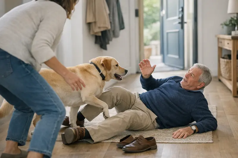 Ein Hund begrüßt einen Besucher im Flur, während dieser stolpert und fällt.