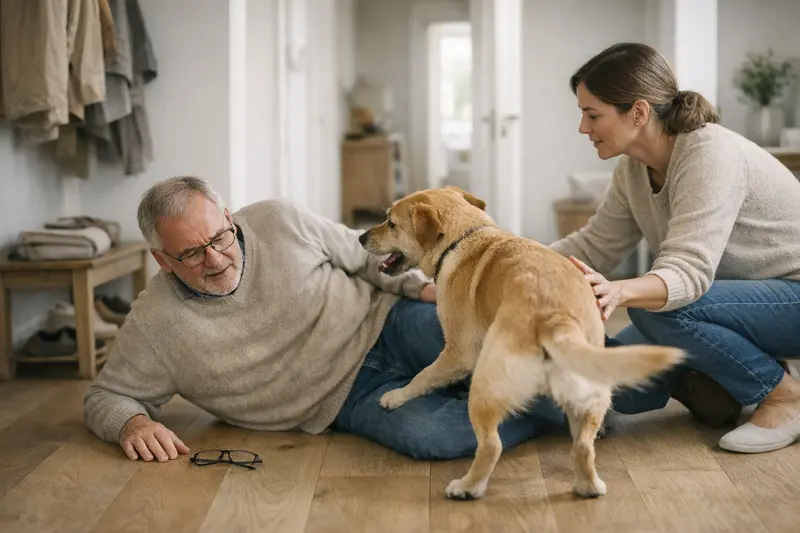 Hundehaftpflicht und Unfälle im Flur Besucher stürzt im Flur, während der Hund in der Nähe ist.