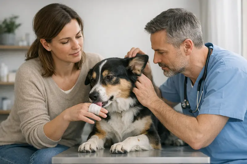 Tierärztliche Untersuchung nach Hundebiss Ein Hund erhält nach einem Biss eine tierärztliche Untersuchung.