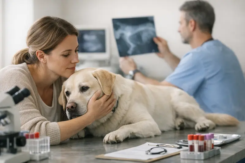 Tierarztuntersuchung Hund - Diagnostik Tierarzt untersucht Hund mit Röntgengerät im Behandlungsraum