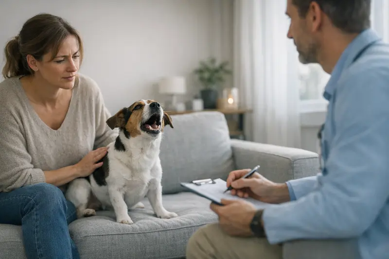 Hundegebell und seine Ursachen Ein Hund, der aufgeregt bellt, während sein Besitzer ihn beruhigt.