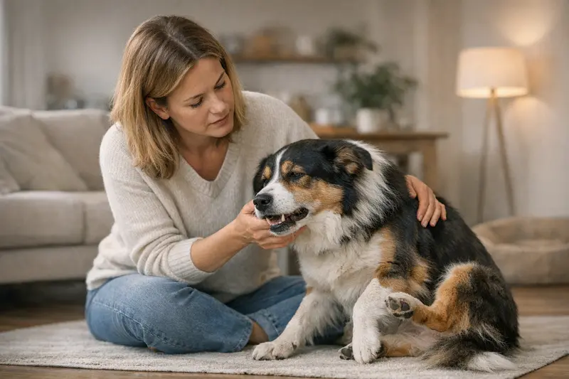 Ein besorgter Hundebesitzer, der besorgt seinen bellenden Hund betrachtet, während er über einen Tierarztbesuch nachdenkt.