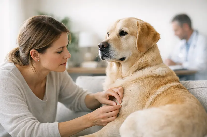 Ein Hund mit einer Beule wird von einem Tierarzt untersucht, um festzustellen, ob eine Behandlung notwendig ist.