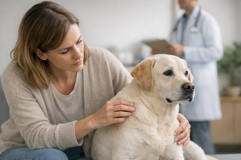 Ein Hund mit einer Beule, der tierärztlich untersucht wird, um gesundheitliche Probleme auszuschließen.