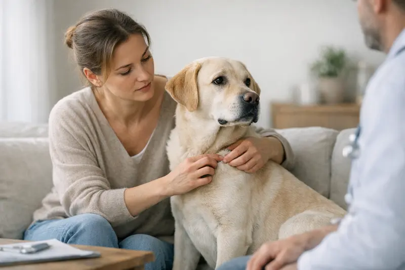 Ein Hund mit einer Beule, der von einem besorgten Halter betrachtet wird, zeigt die Notwendigkeit einer tierärztlichen Abklärung.
