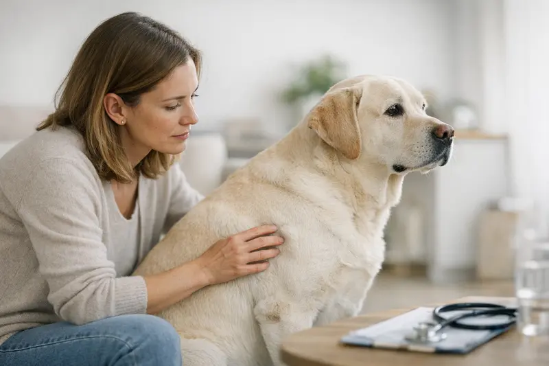 Der Hund mit einer Beule auf der Haut wird von einem Tierarzt untersucht.