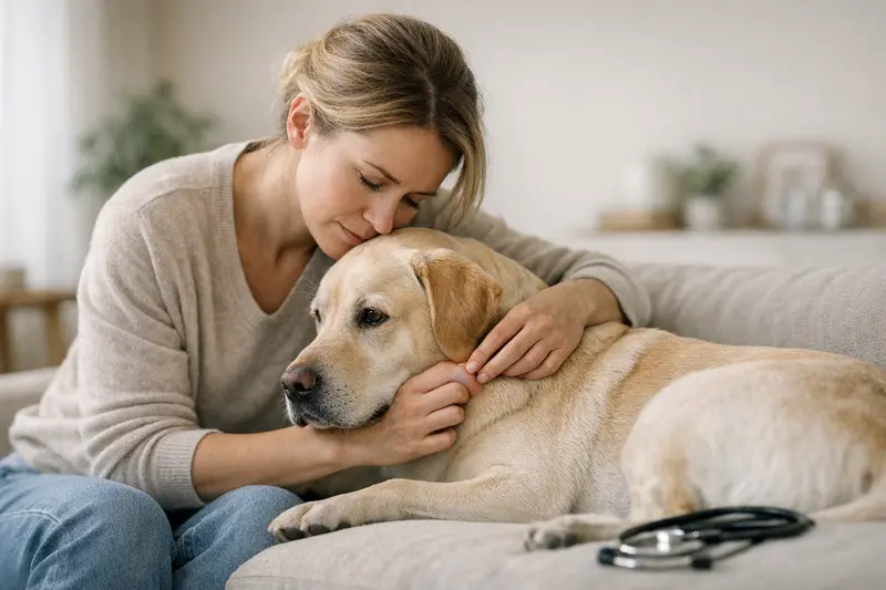 Hundeversicherung - Wartezeiten und Vorerkrankungen Ein gesunder Hund spielt im Garten, während die Besitzerin über Wartezeiten und Vorerkrankungen bei der Hundeversicherung informiert ist.
