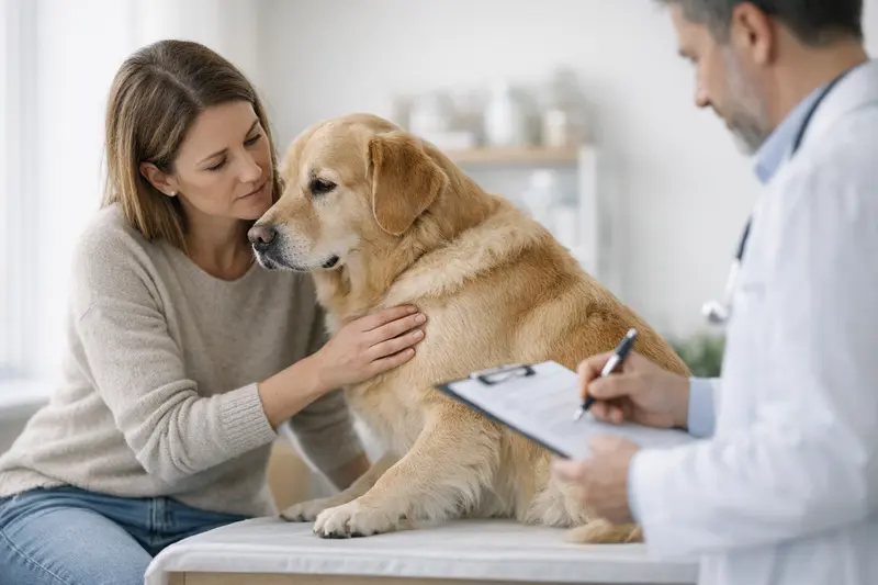Wartezeiten und Vorerkrankungen bei Hundeversicherungen Ein gesunder Hund beim Tierarzt, der auf mögliche Wartezeiten und Vorerkrankungen in der Hundeversicherung hingewiesen wird.
