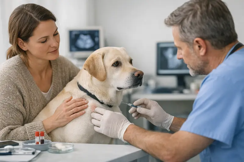 Tierarztkosten bei Beule am Hund Ein Tierarzt untersucht eine Beule bei einem Hund und erklärt die möglichen Diagnosekosten.