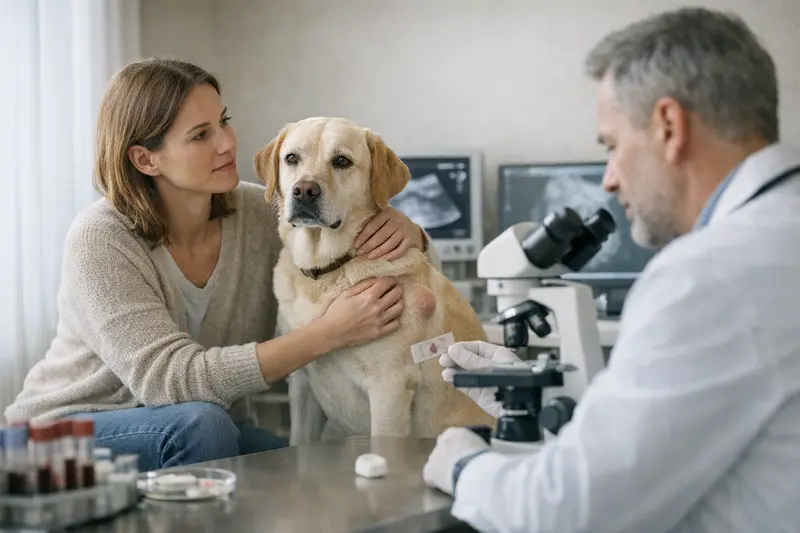 Tierarzt untersucht die Beule eines Hundes und erklärt die möglichen Kosten für die Abklärung.