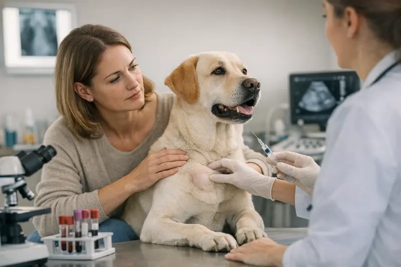 Tierarzt untersucht bei einem Hund eine Beule zur Abklärung von Kosten für Diagnostik.