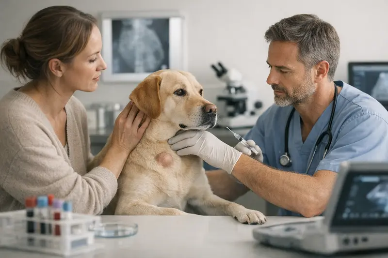 Hundeuntersuchung beim Tierarzt Ein Hund beim Tierarzt, um eine Beule untersuchen zu lassen.