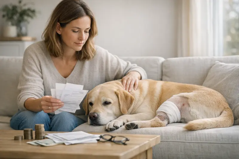 Hund mit Verband nach einer Operation beim Tierarzt, symbolisiert die Auswahl der passenden Selbstbeteiligung.