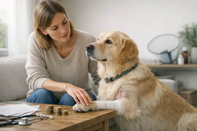 Auswahl der Selbstbeteiligung bei Hundeversicherungen Hundehalter bespricht die Selbstbeteiligung bei der Hundeversicherung am Computer
