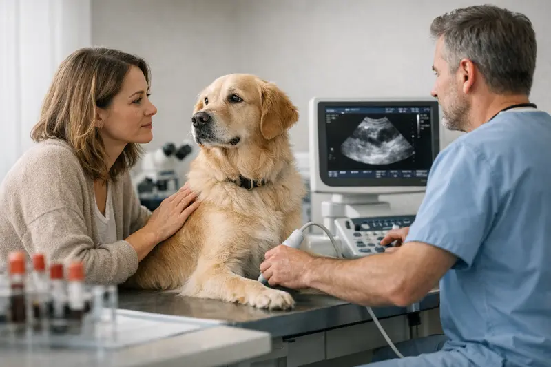 Ein Tierarzt führt einen Ultraschall bei einem Hund durch, um die Gesundheit zu überprüfen.