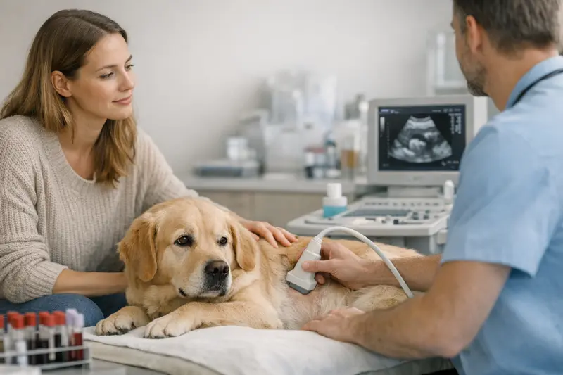 Tierarzt untersucht einen Hund mit Ultraschallgerät zur Diagnostik
