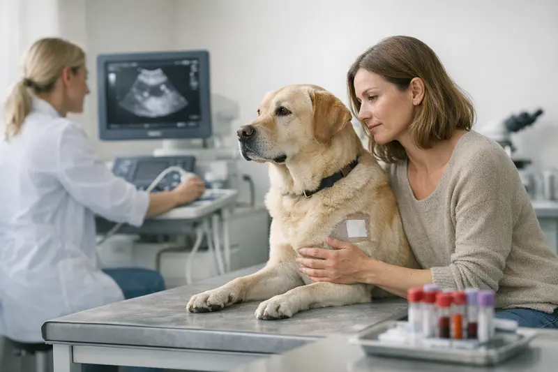 Ein Hund wird vom Tierarzt auf eine mögliche Erkrankung untersucht.