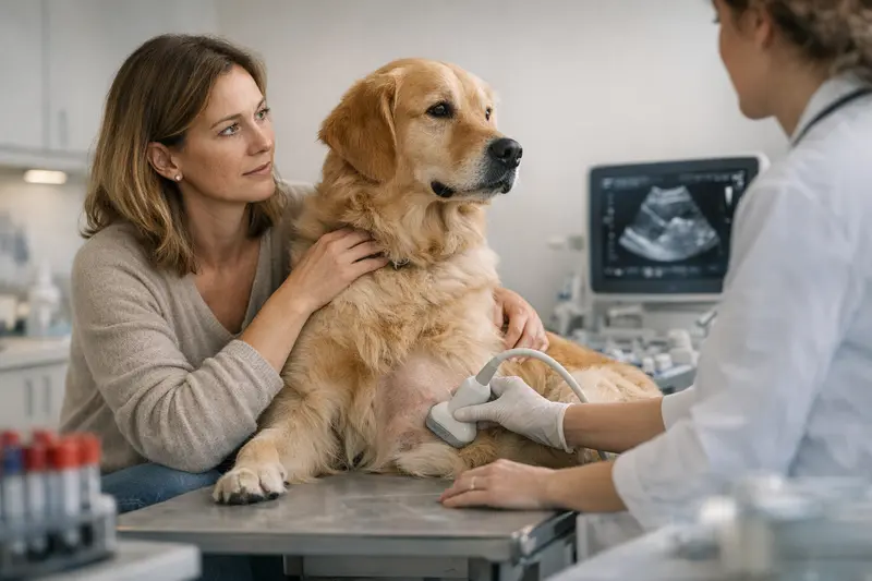 Ein Hund wird beim Tierarzt für diagnostische Untersuchungen vorbereitet, einschließlich Ultraschall.