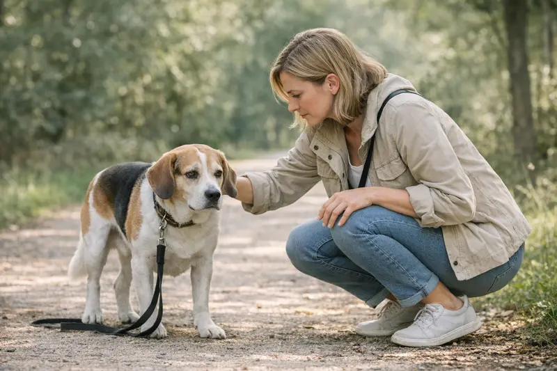 Ein Hund bleibt während eines Spaziergangs stehen und beobachtet die Umgebung.