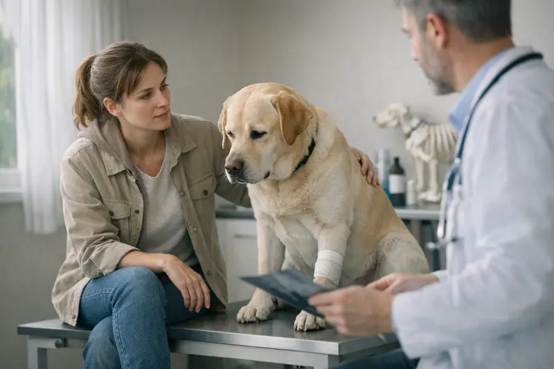 Ein Hund in der Tierarztpraxis, der auf einer Liege liegt und untersucht wird.
