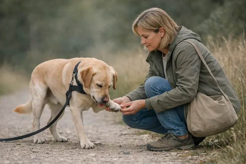 Hund mit Anzeichen von Schmerzen Ein Hund zeigt Anzeichen von Schmerzen, indem er auf einer Pfote steht und sich unruhig verhält.
