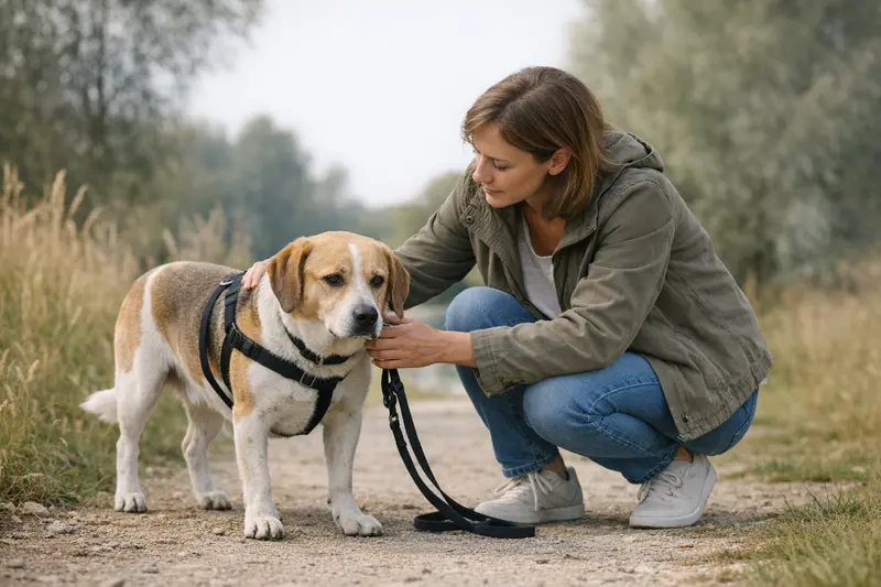 Ein Hund steht während eines Spaziergangs ruhig an einer Straßenecke und schnüffelt interessiert am Boden.