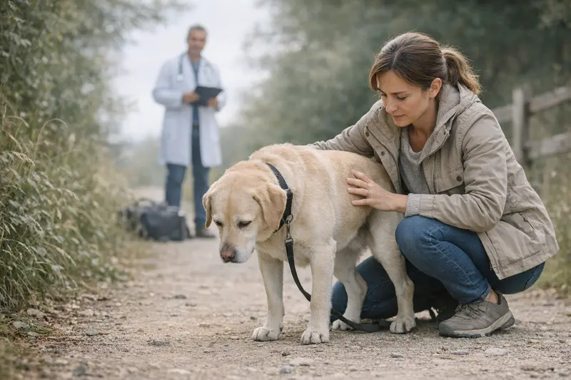 Ein Hund steht während des Spaziergangs still und zeigt Anzeichen von Lahmheit, was auf gesundheitliche Probleme hinweisen könnte.