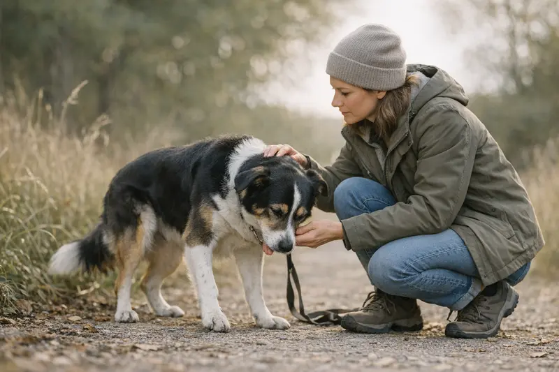 Hund zeigt Schmerzen und Unwohlsein Ein Hund zeigt Anzeichen von Schmerzen durch Schonhaltung und Humpeln.