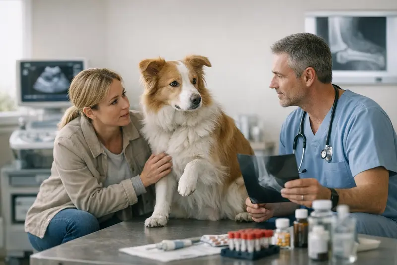 Tierarzt untersucht einen Hund mit unklarer Lahmheit auf Gesundheitsprobleme.