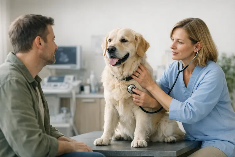 Wichtige Aspekte bei der Tierkrankenversicherung Hundehalter bespricht wichtige Punkte zur Tierkrankenversicherung mit einem Tierarzt.