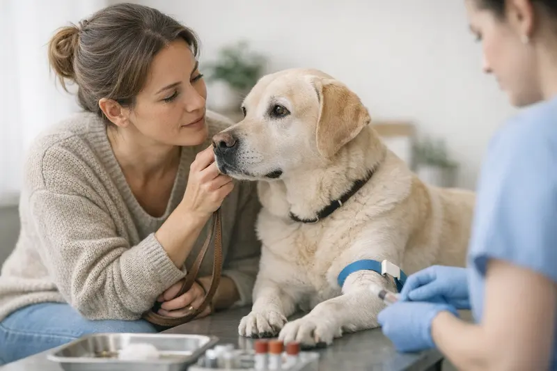 Ein Hund wartet beim Tierarzt auf eine Blutabnahme, während der Tierarzt die Nüchternheit erklärt.