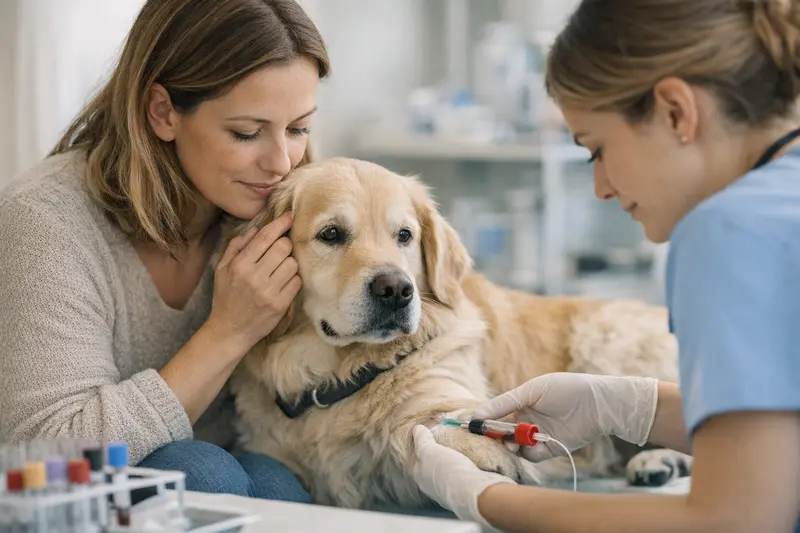 Tierarzt Blutuntersuchung bei Hund Ein Tierarzt führt eine Blutuntersuchung bei einem Hund durch und zeigt dem Besitzer die Ergebnisse.