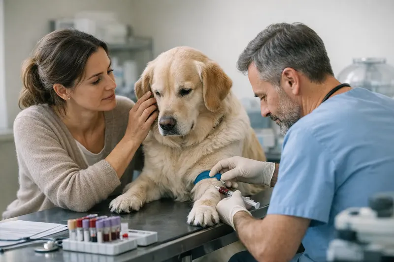 Blutentnahme Hund Tierarzt Tierarzt bei der Blutentnahme eines Hundes zur Analyse der Laborwerte.