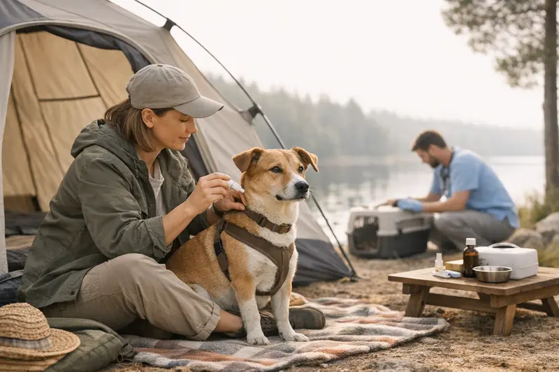 Ein Hund und sein Besitzer genießen einen Campingurlaub, während sie über Tierarztkosten und Vorsorgeleistungen nachdenken.